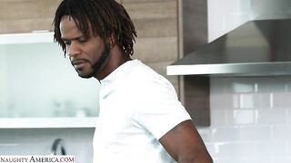 Naughty America - Hot blonde with pierced nipples, Lexi Grey, fucks her friend's big cock brother on the couch