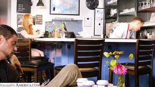 Naughty America - Busty redhead, Harper Red, is so wet and horny that she must get dick in the café this instant