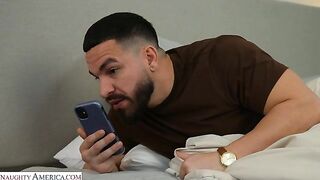 Naughty America - Latina MILF Sandy Love finds a nice hard cock under the sheets