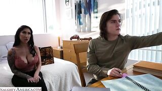 Naughty America - Busty tattooed hottie Lily Lane wears lingerie to seduce boyfriend's son