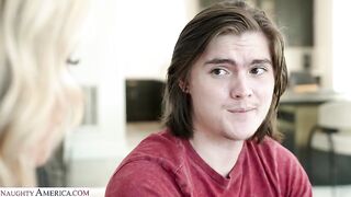 Naughty America - Blonde cutie Rachael Cavalli sits on her boyfriend's son's hard cock